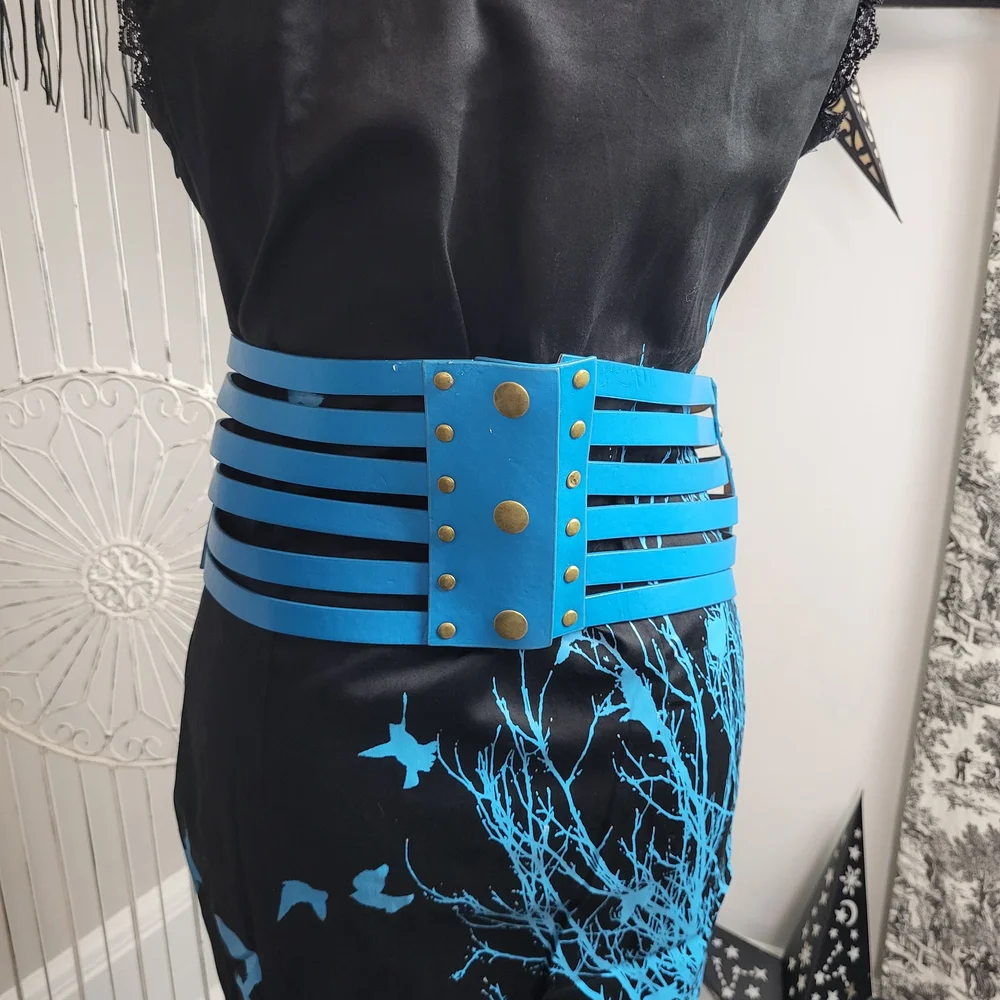 NWT Crow And Tree Black And Blue Pencil Dress Cage Buckle Belt Goth Deadstock - Picture 5 of 6